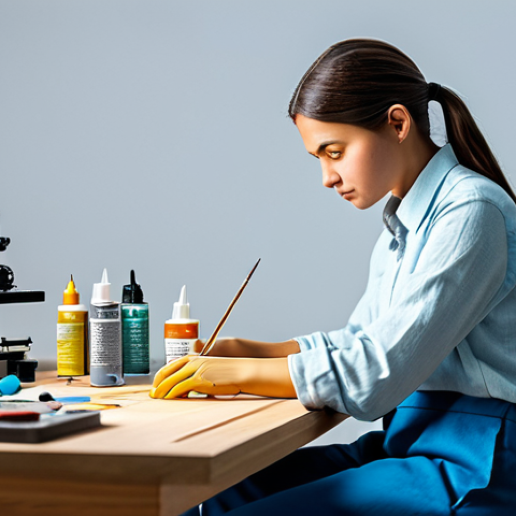 A focused creative professional in a modest, long-sleeved shirt and practical trousers, seated at a clean workbench in a well-organized studio, carefully detailing a complex 3D-printed character figurine. On the table, there are miniature paint bottles, fine brushes, and various small sculpting tools. A bright LED lamp illuminates the workspace, highlighting the intricate textures and vibrant colors being applied to the figurine. In the background, a modern 3D printer (either FDM or SLA type) is partially visible, suggesting the creation process. perfect anatomy, correct proportions, natural pose, well-formed hands, proper finger count, natural body proportions, professional photography, high quality, extreme detail, realistic textures, safe for work, appropriate content, fully clothed, professional, family-friendly.
