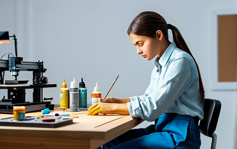 A focused creative professional in a modest, long-sleeved shirt and practical trousers, seated at a clean workbench in a well-organized studio, carefully detailing a complex 3D-printed character figurine. On the table, there are miniature paint bottles, fine brushes, and various small sculpting tools. A bright LED lamp illuminates the workspace, highlighting the intricate textures and vibrant colors being applied to the figurine. In the background, a modern 3D printer (either FDM or SLA type) is partially visible, suggesting the creation process. perfect anatomy, correct proportions, natural pose, well-formed hands, proper finger count, natural body proportions, professional photography, high quality, extreme detail, realistic textures, safe for work, appropriate content, fully clothed, professional, family-friendly.