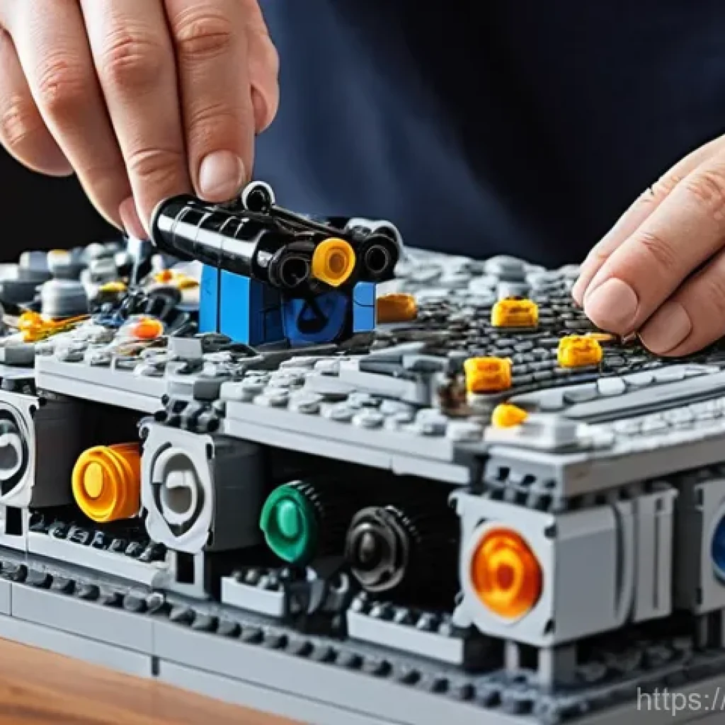 피규어와 레고의 차이점 - A close-up shot of an adult's hands meticulously assembling a complex LEGO Technic set, possibly a r...