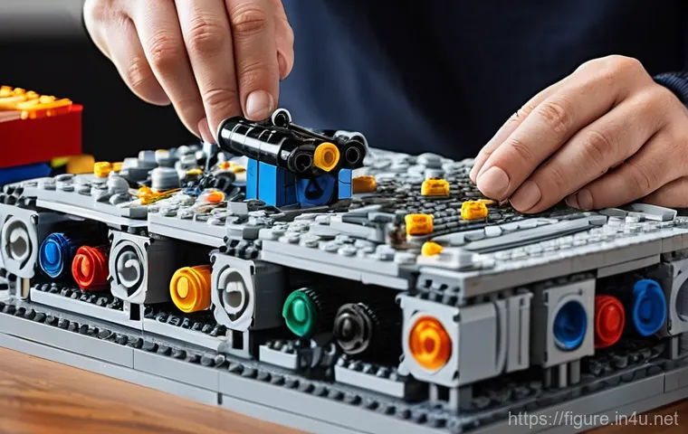 피규어와 레고의 차이점 - A close-up shot of an adult's hands meticulously assembling a complex LEGO Technic set, possibly a r...