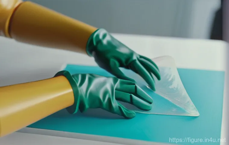 피규어 전용 보호 필름 사용법 - A close-up, highly detailed shot of a skilled collector's gloved hands meticulously applying a trans...