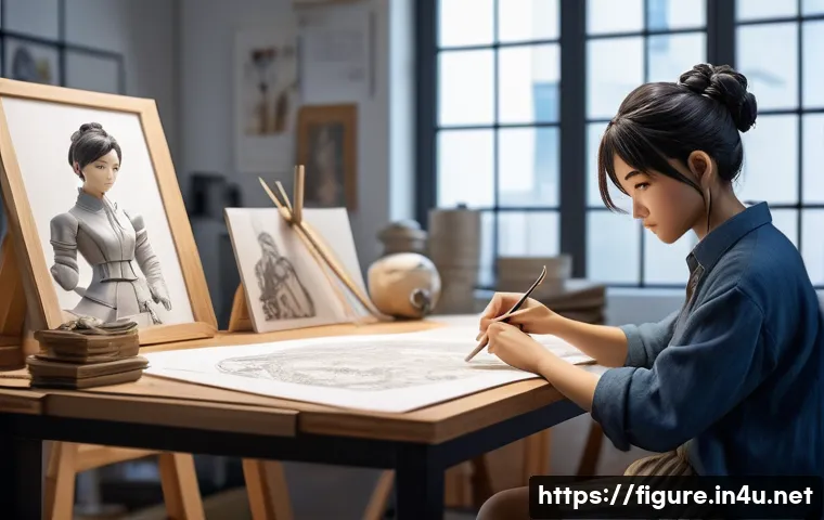 피규어에 대한 법적 저작권 이해 - A highly detailed figure workshop scene showing an artisan carefully sculpting a licensed anime char...