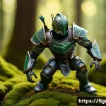 Home 16 피규어와 함께 촬영할 배경 소품 추천 - A highly detailed macro shot of an articulated fantasy figure posed dynamically on a miniature fores...