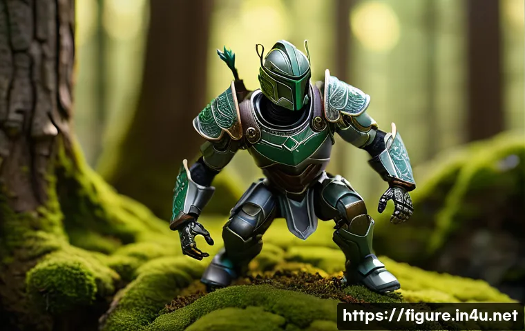 피규어와 함께 촬영할 배경 소품 추천 - A highly detailed macro shot of an articulated fantasy figure posed dynamically on a miniature fores...